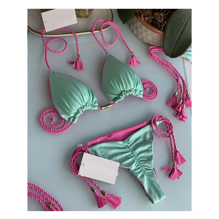 Damen Triangel-Bikini mit modischem Leopardenmuster und dekorativen Quasten Drune