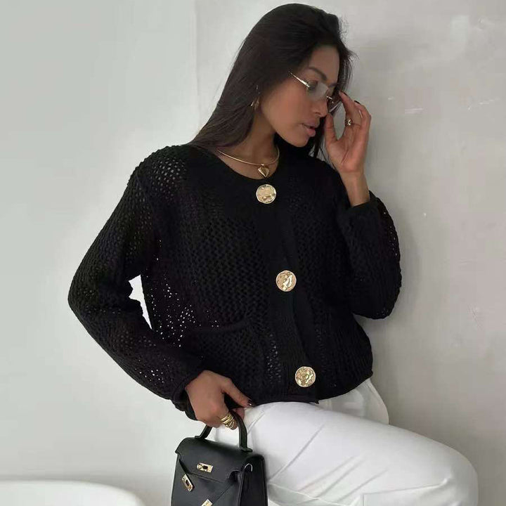 Damen Strickjacke mit Netzstruktur und großen Knopfdetails Drune