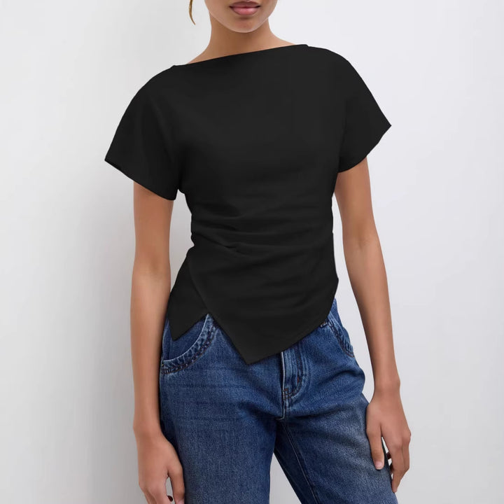 Damen Cropped T-Shirt mit asymmetrischem Schnitt und dekorativem Drapierungseffekt Drune