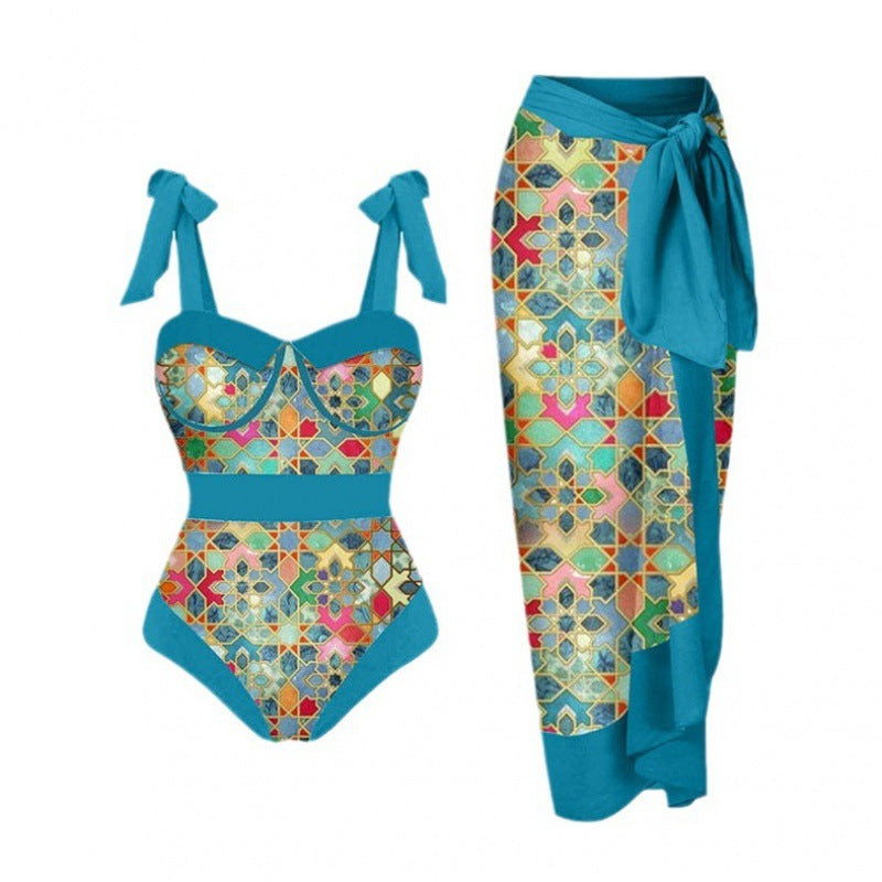 Damen Einteiler Badeanzug mit elegantem Wickelrock und modischen Riemen Drune
