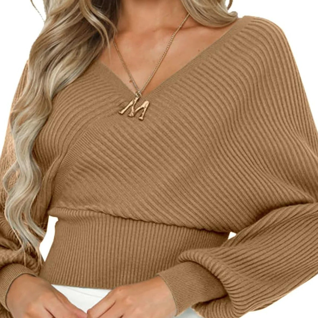 Damen nan gestrickter Off-Shoulder Cropped-Pullover mit Wickeloptik und Ballonärmeln Drune