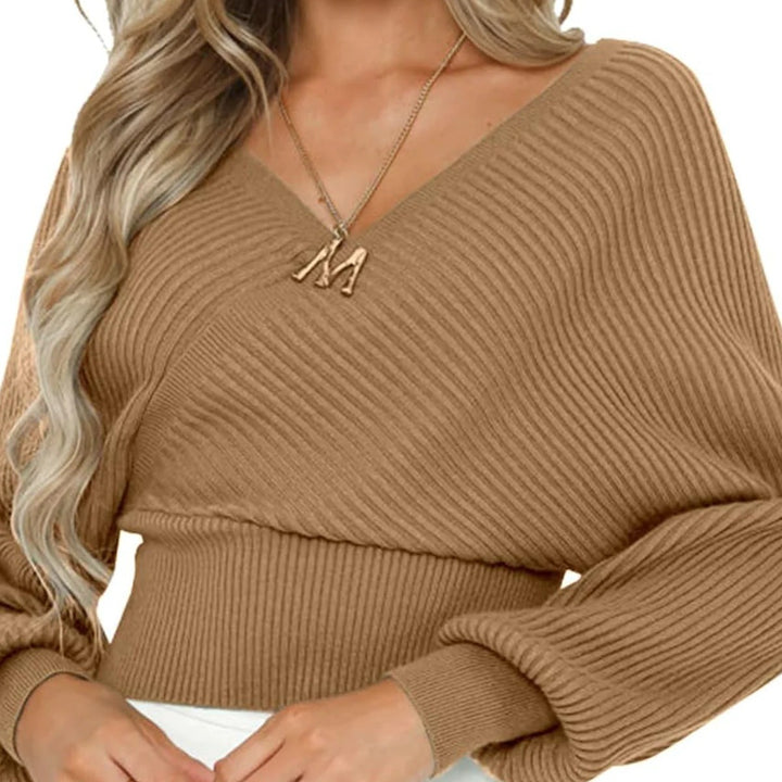 Damen nan gestrickter Off-Shoulder Cropped-Pullover mit Wickeloptik und Ballonärmeln Drune