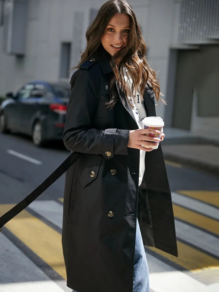Damen Trenchcoat mit doppelter Knopfleiste und Taillengürtel Drune