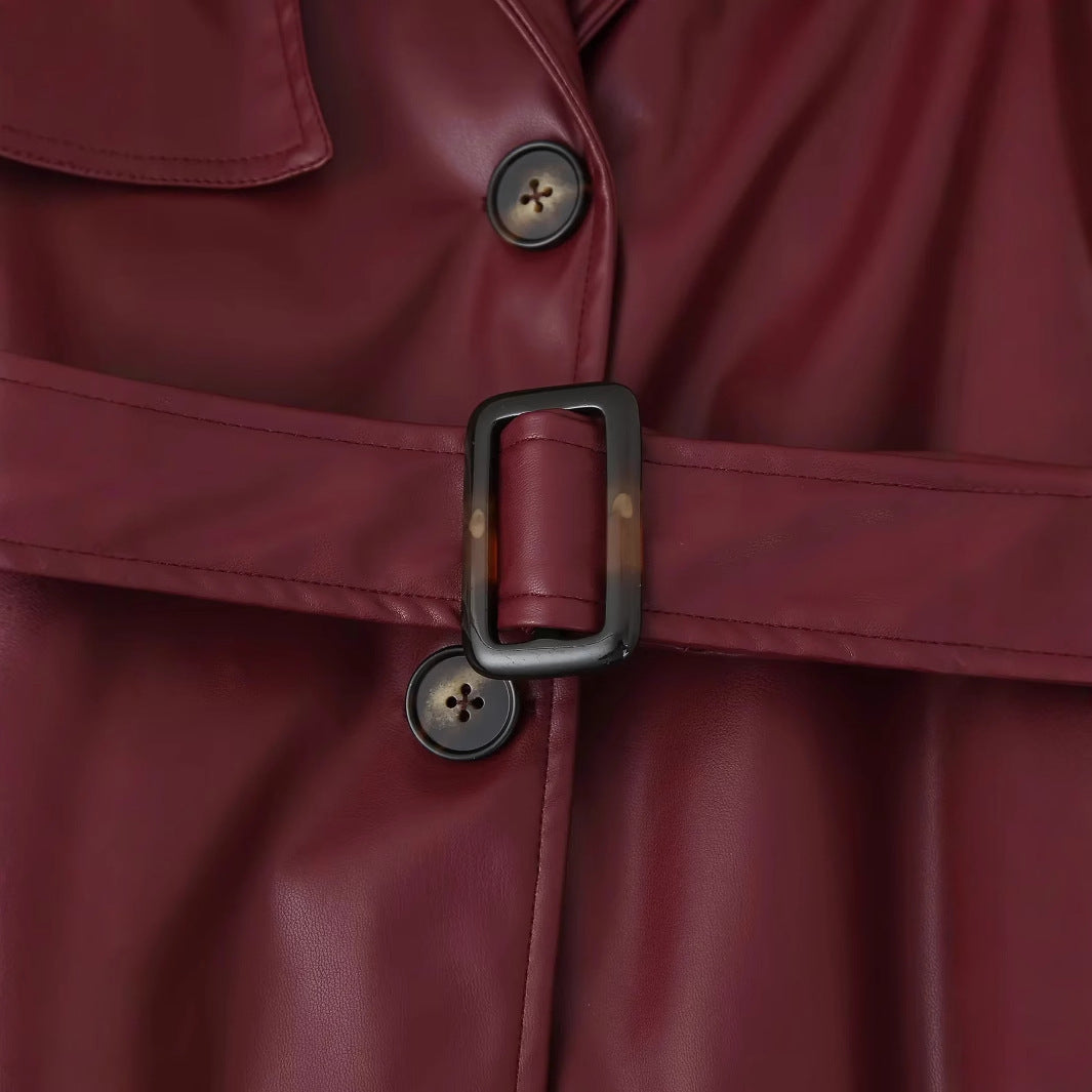 Damen eleganter Kunstleder-Trenchcoat mit Gürtel Drune