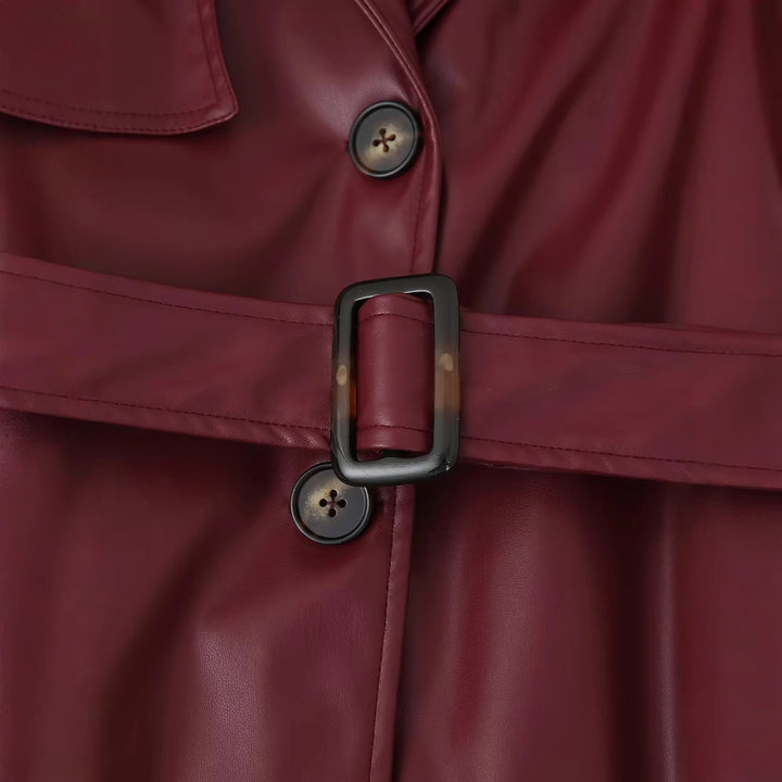 Damen eleganter Kunstleder-Trenchcoat mit Gürtel Drune