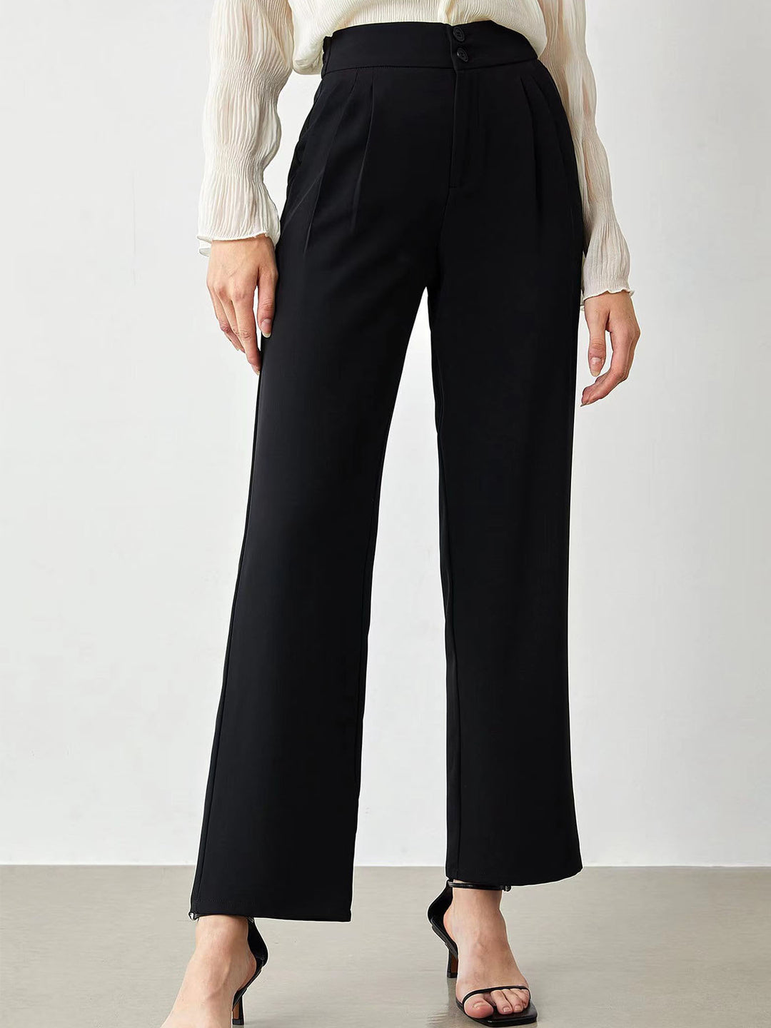 Damen elegante weite Stoffhose mit Bundfalten und hohem Taillenbündchen Drune