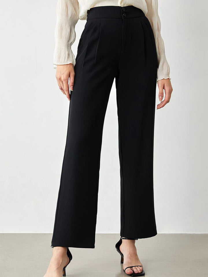 Damen elegante weite Stoffhose mit Bundfalten und hohem Taillenbündchen Drune