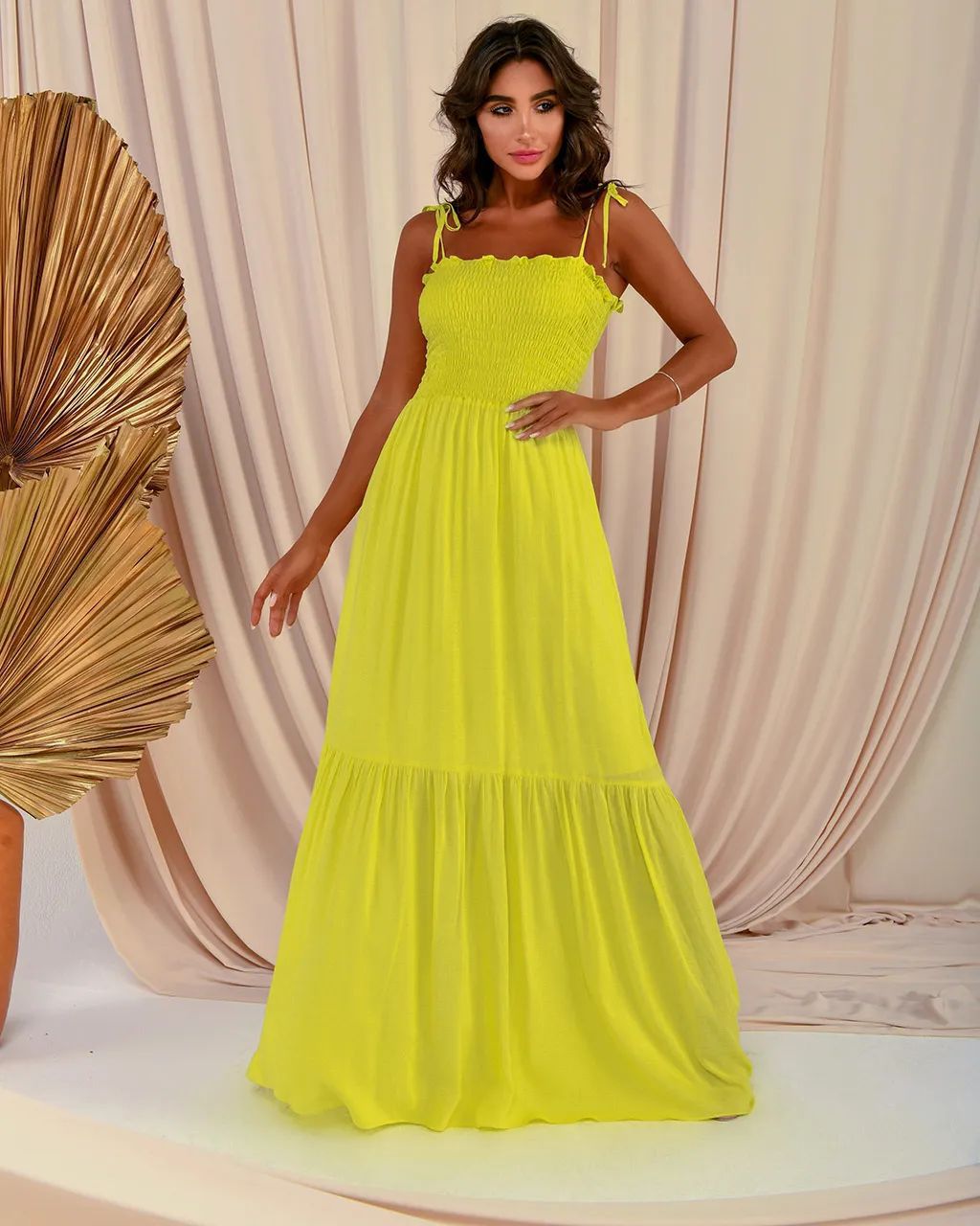 Damen luftiges Maxikleid mit Spaghetti-Trägern und Rüschendetails Drune