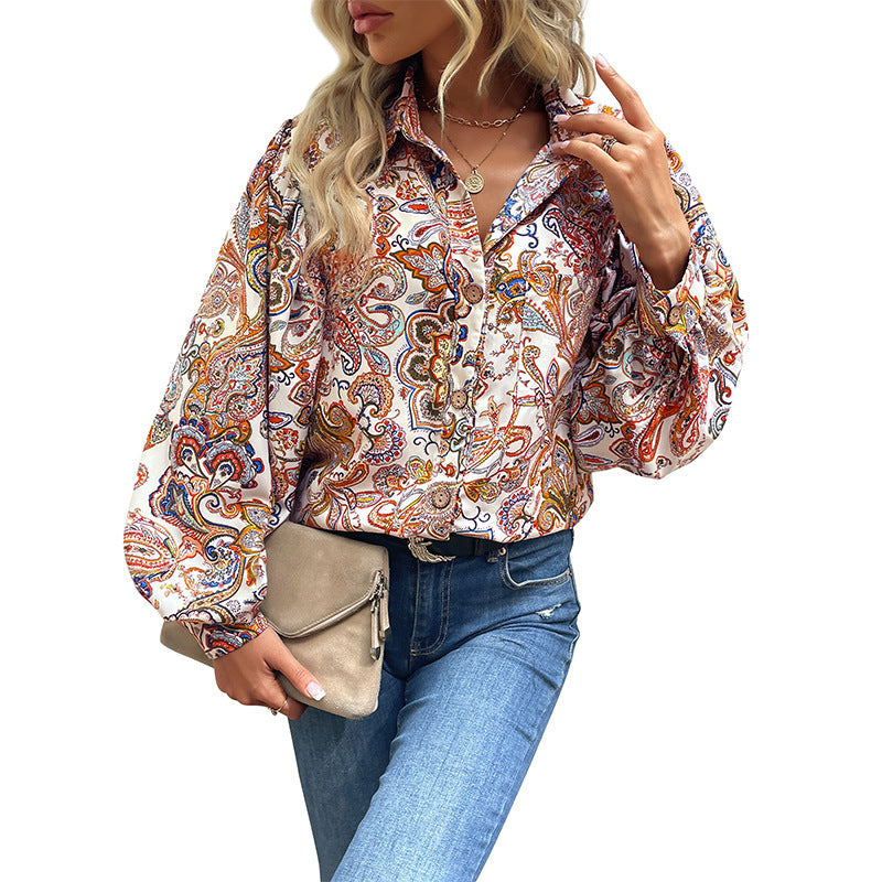 Damen Bluse mit auffälligem Paisleymuster und voluminösen Puffärmeln Drune