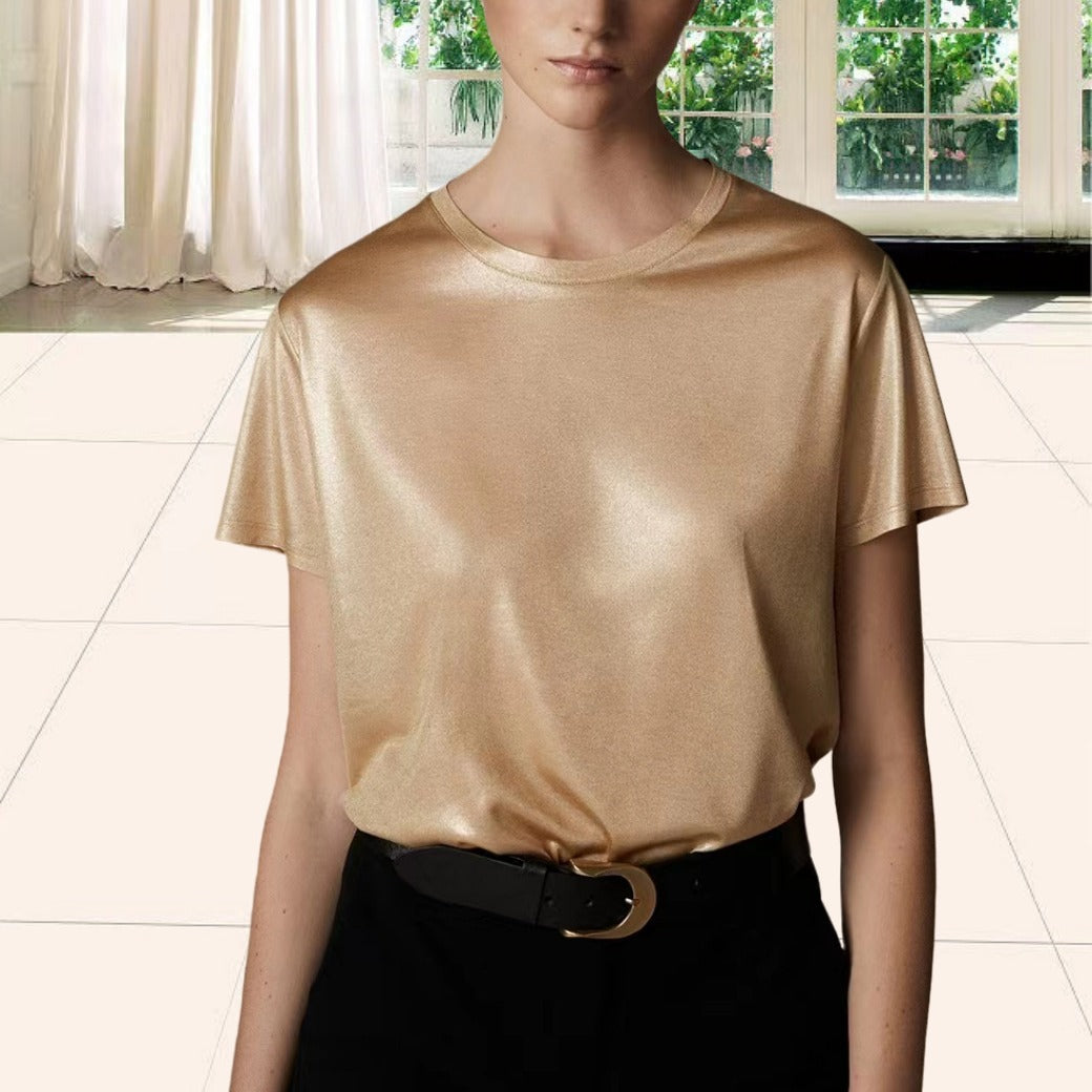 Damen Elegantes glänzendes T-Shirt mit Rundhalsausschnitt und lockerer Passform Drune