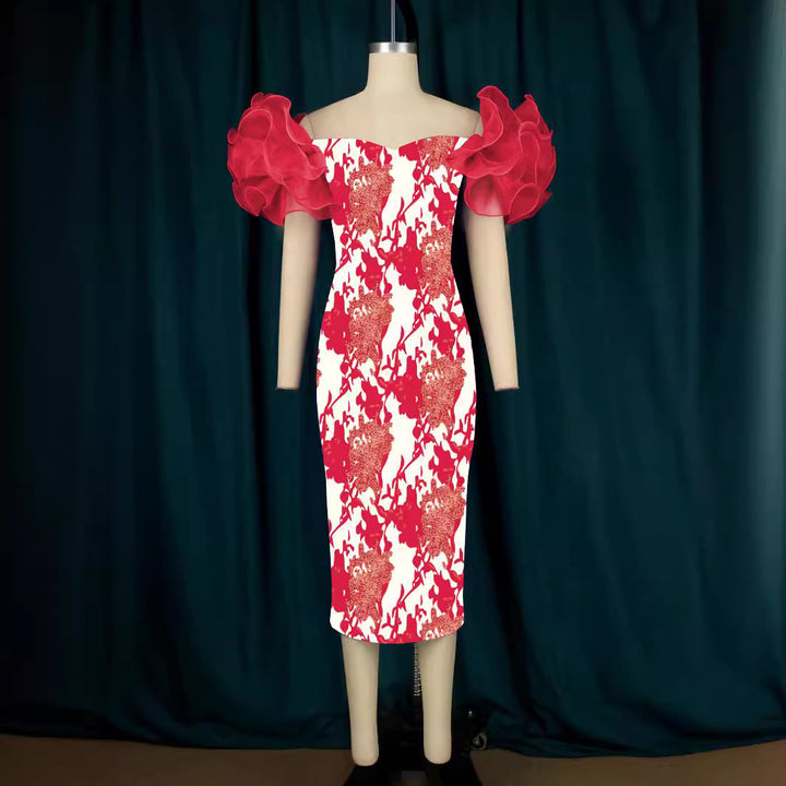 Damen Elegantes Midi-Kleid mit innovativen Puffärmeln und kunstvollem Druck Drune