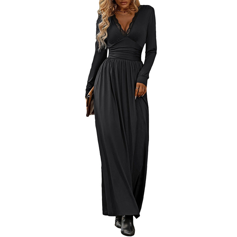 Damen elegantes Wickelkleid mit tiefem V-Ausschnitt und langen Ärmeln Drune