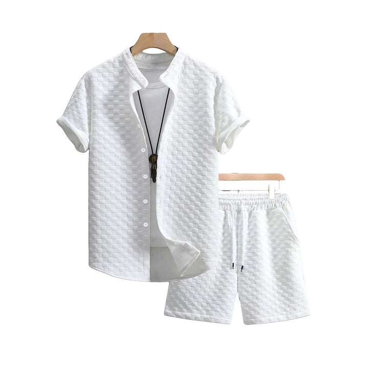 Herren nan zweiteiliges Sommerensemble mit Stehkragen-Hemdjacke und elastischen Komfort-Shorts in geprägter Karo-Textur Drune