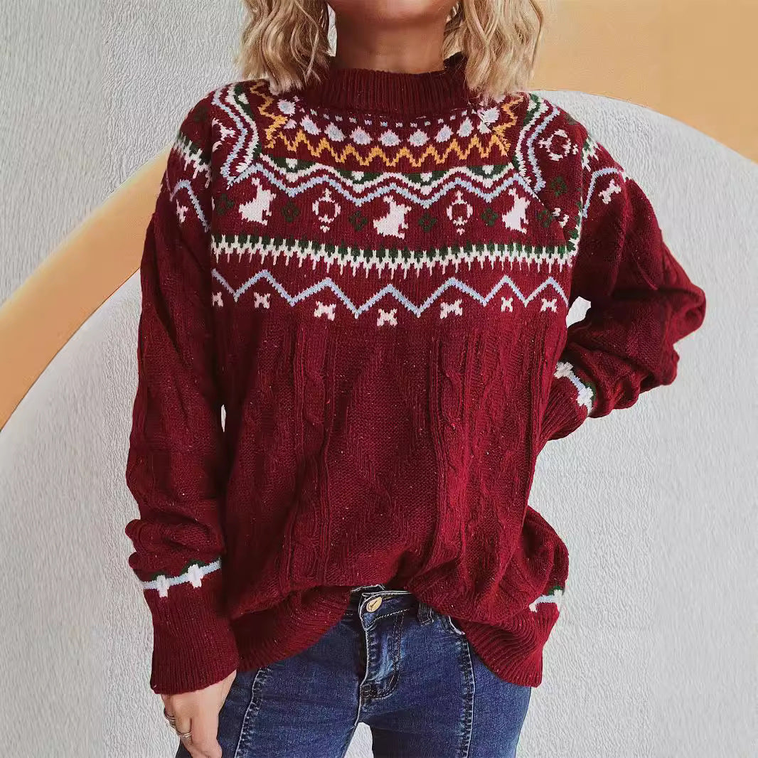 Damen Strickpullover mit hochgeschlossenem Kragen und grafischem Design Drune