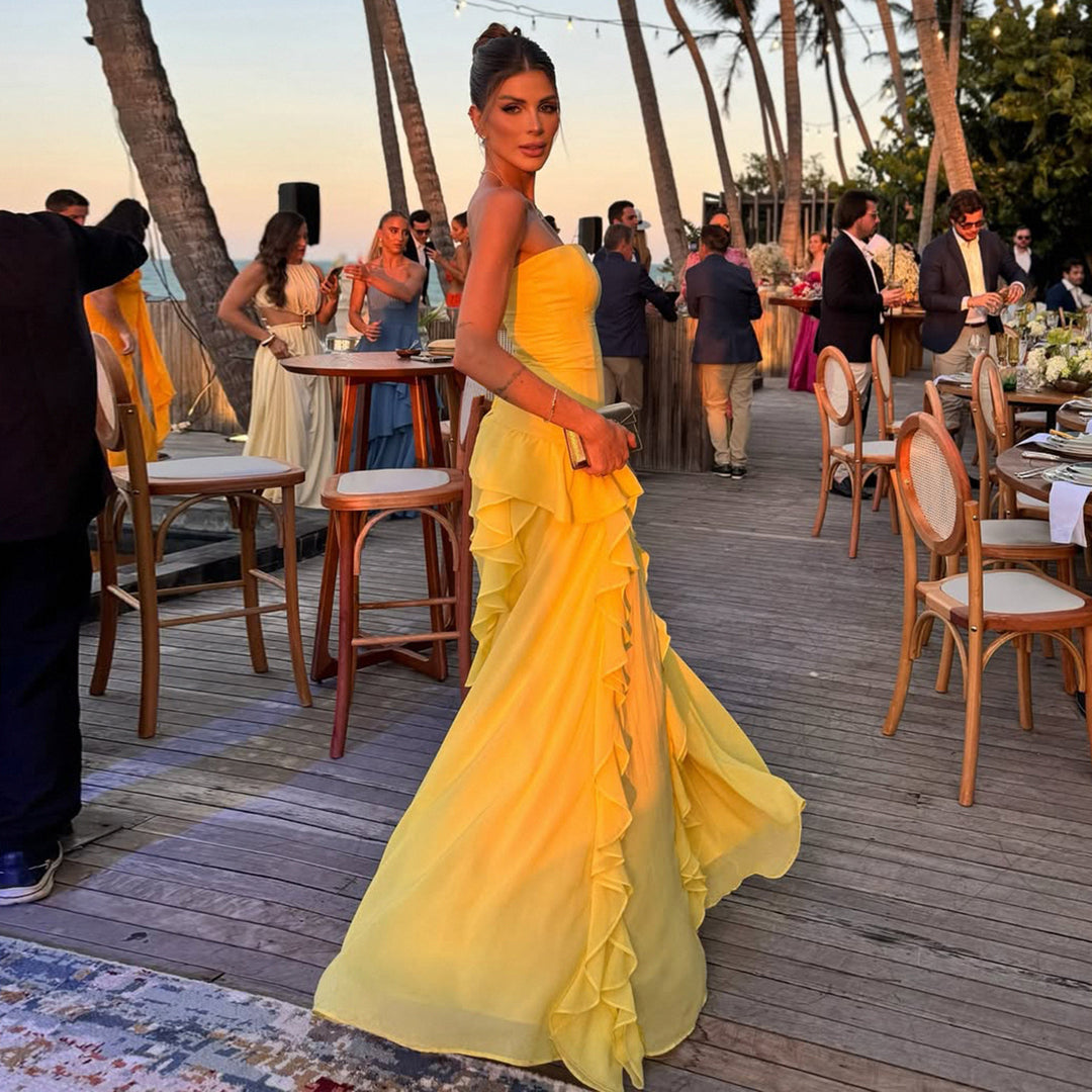 Damen fließendes Maxikleid mit Rüschen und Volant Drune