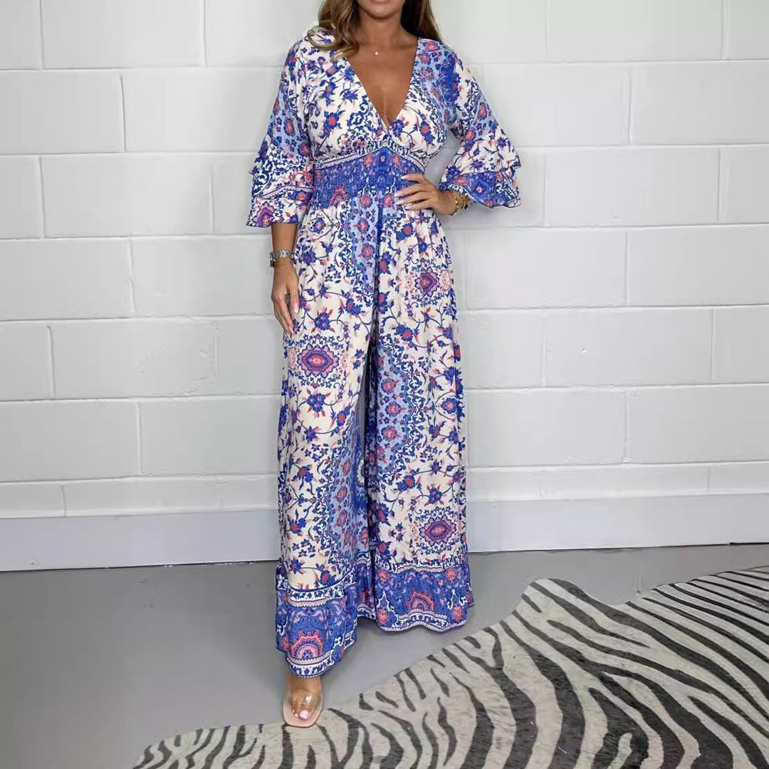 Damen Jumpsuit mit floralem Design und weit ausgestellten Ärmeln Drune