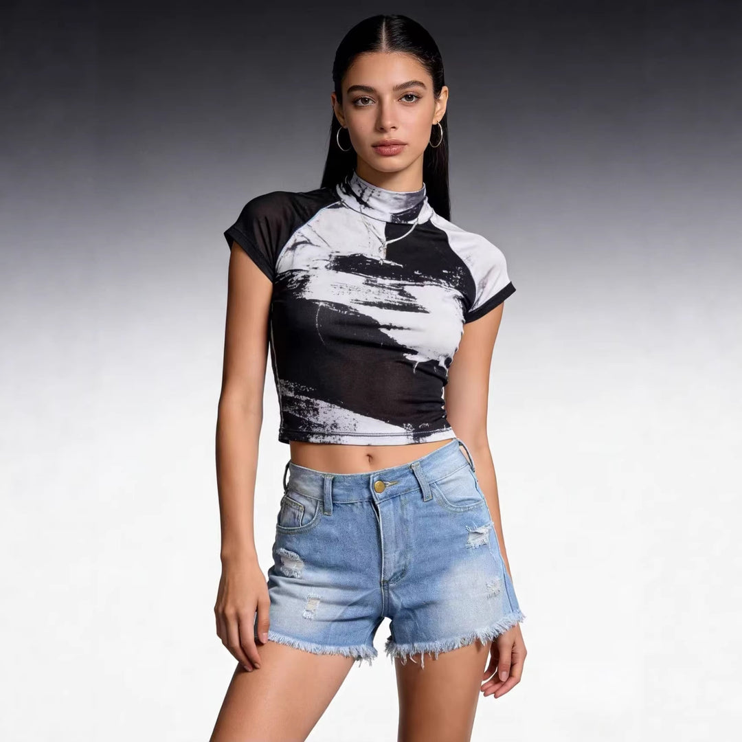 Damen Crop Top und High-Waist Jeans-Shorts Drune