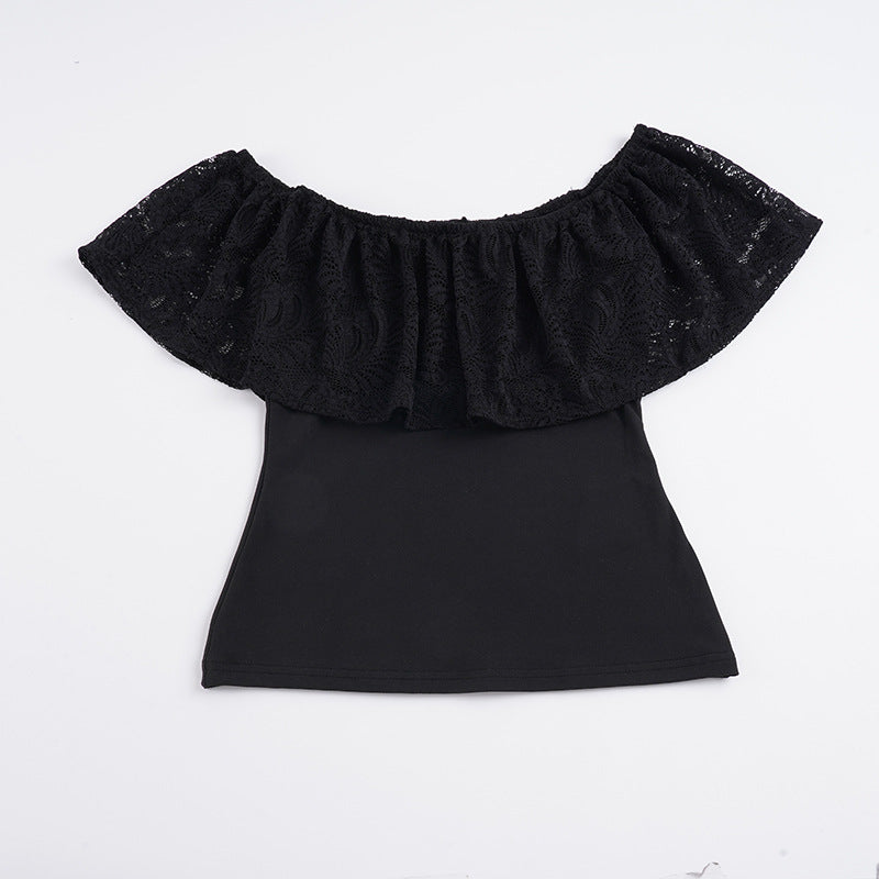 Damen Off-Shoulder Oberteil mit Rüschendetails und eleganten Spitzenakzenten Drune