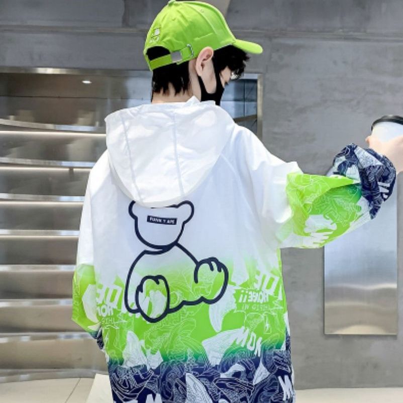 Unisex nan leichte winddichte Kapuzenjacke mit allover Grafikprint und reflektierenden Einsätzen für Kinder  Drune
