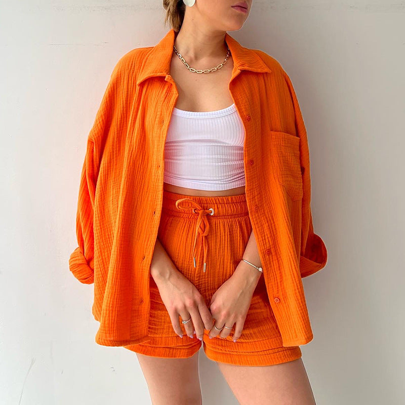 Damen nan lässiges oversized Hemd und Shorts Set mit Brusttasche Kordelbund und gerauter Baumwollstruktur Drune