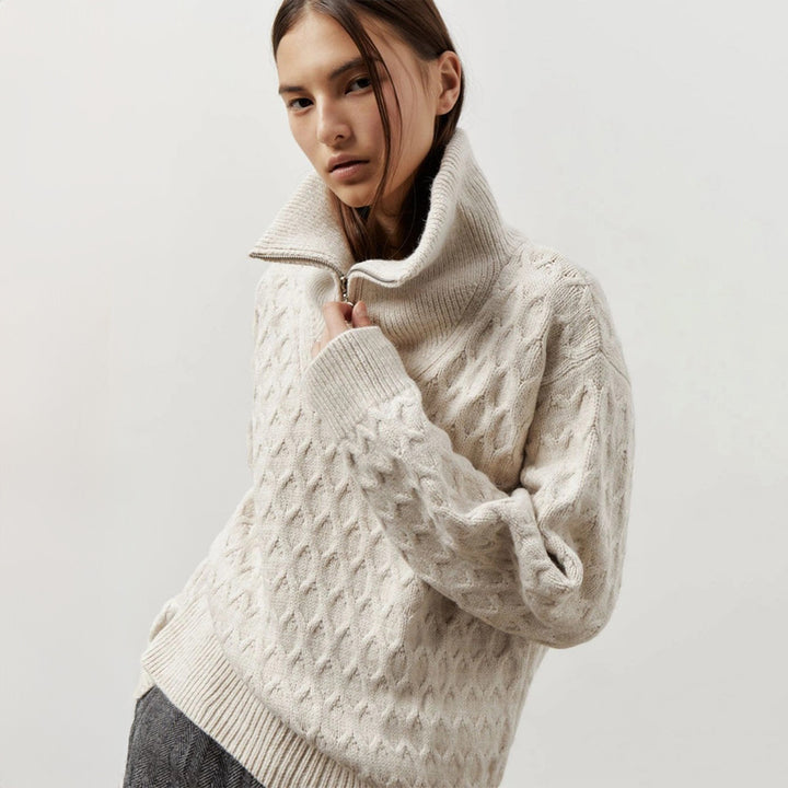 Damen Sportlicher Stehkragenpullover mit Zipper und Struktur Drune