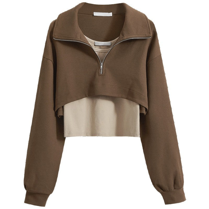 Damen modischer cropped Sweatpullover mit hohem Kragen und Reißverschluss Drune