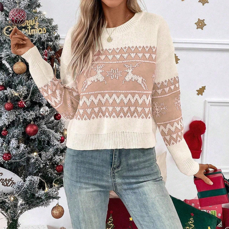 Damen Kuscheliger Weihnachtspullover mit festlichem Rentiermuster und Rundhalsausschnitt Drune