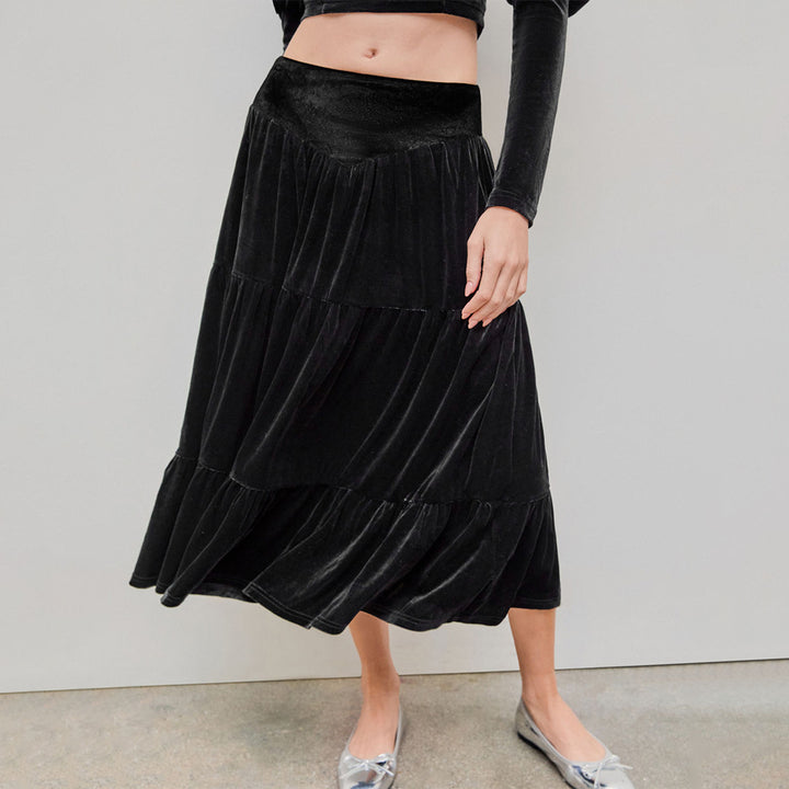 Damen elegantes Set aus Rüschenshirt und schwingendem Maxi-Rock Drune