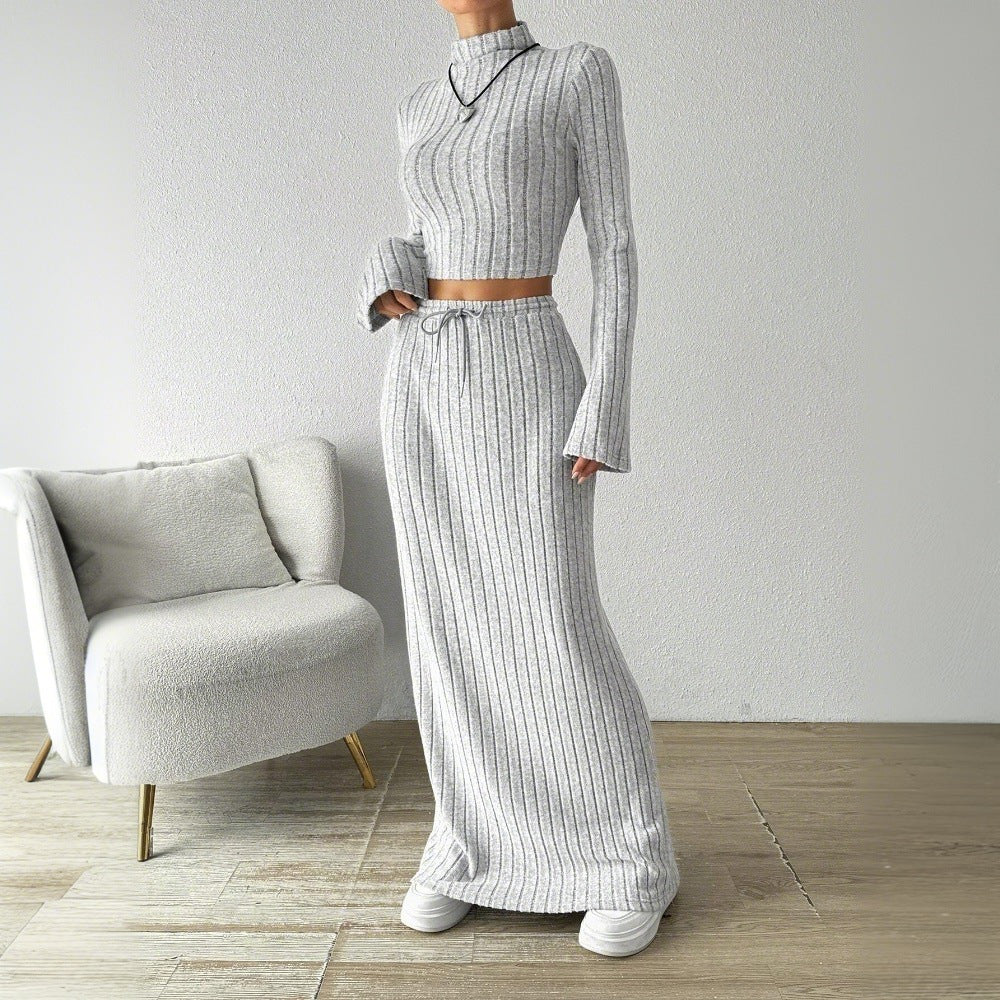 Damen Langarm Crop-Top und Maxi-Rock Set mit eleganter Rippstruktur Drune