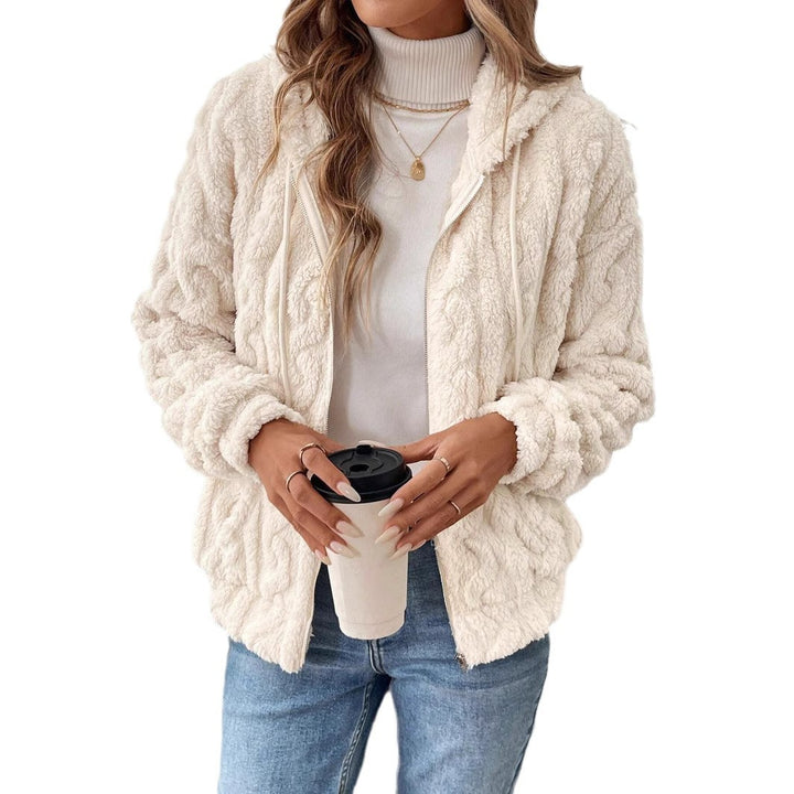 Damen Plüschjacke mit strukturiertem Zopfmuster und gemütlicher Kapuze Drune