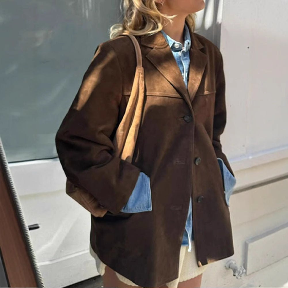 Damen Modischer Suede Blazer mit Taschen und elegantem Schnitt Drune