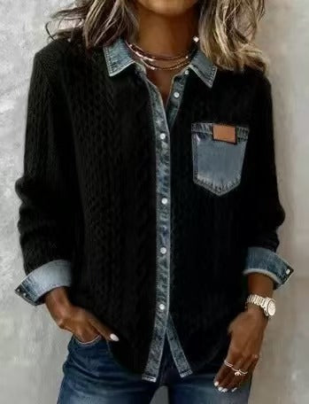 Damen nan geflochtener Strickpullover mit integriertem Jeanskragen und Brusttasche Drune