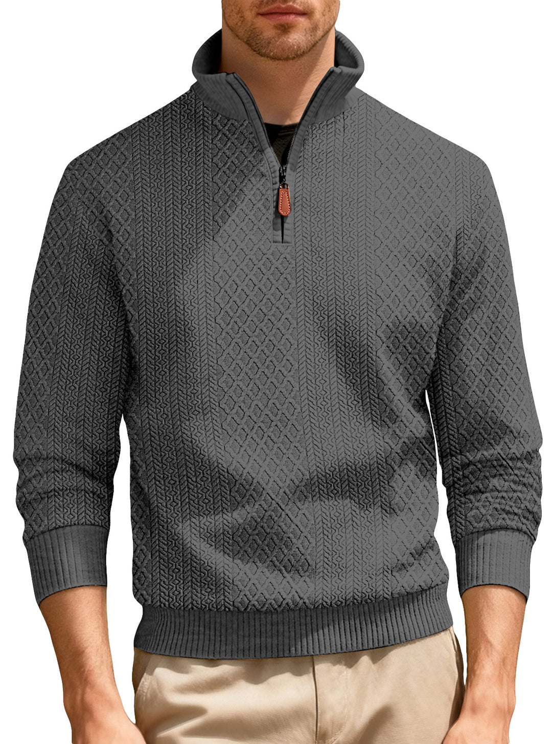 Herren nan feinstrukturierter Halbzip-Pullover im Jacquard-Relief mit hohem Stehkragen und Leder-Zipper Drune