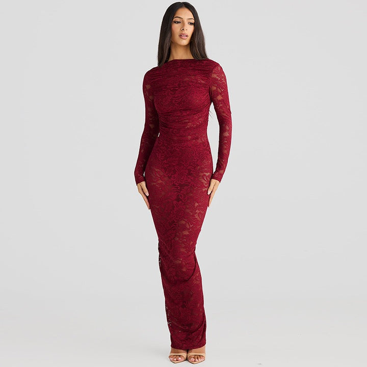 Damen Elegantes Spitzenkleid mit langem Arm Drune