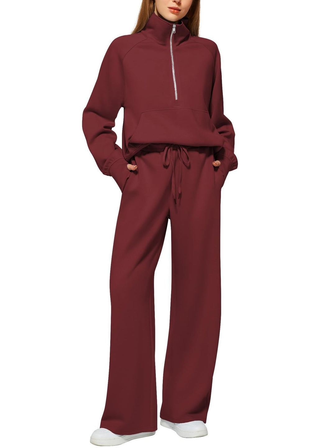 Damen Sportliches Fleece-Kombinationsset mit hohem Kragen und seitlichen Taschen Drune