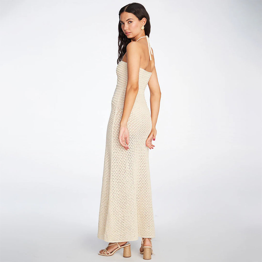 Damen gehäkeltes Maxikleid mit tiefem V-Ausschnitt und seitlichem Cut-Out Drune