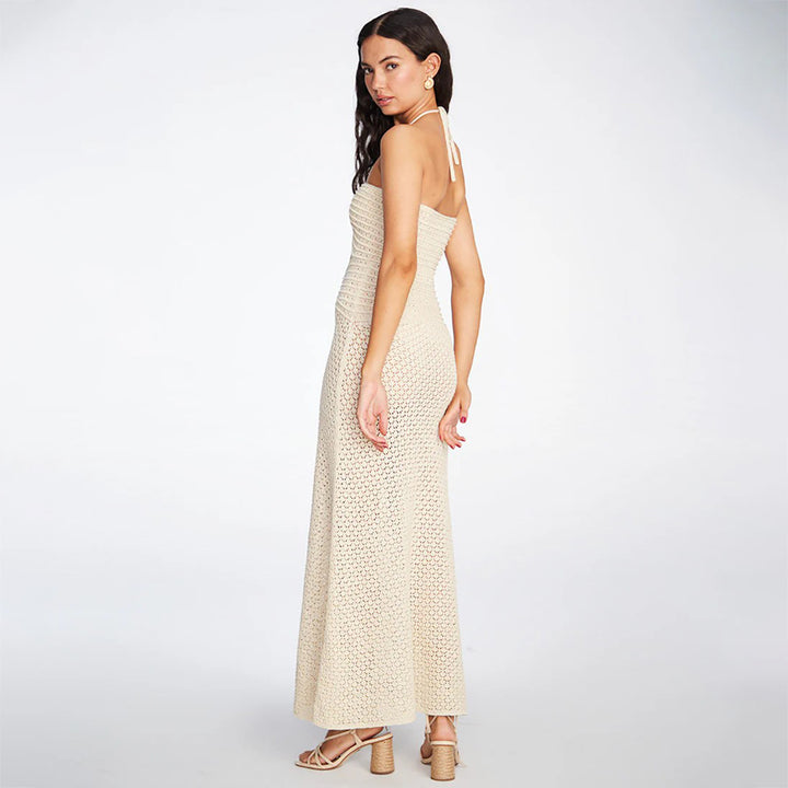 Damen gehäkeltes Maxikleid mit tiefem V-Ausschnitt und seitlichem Cut-Out Drune