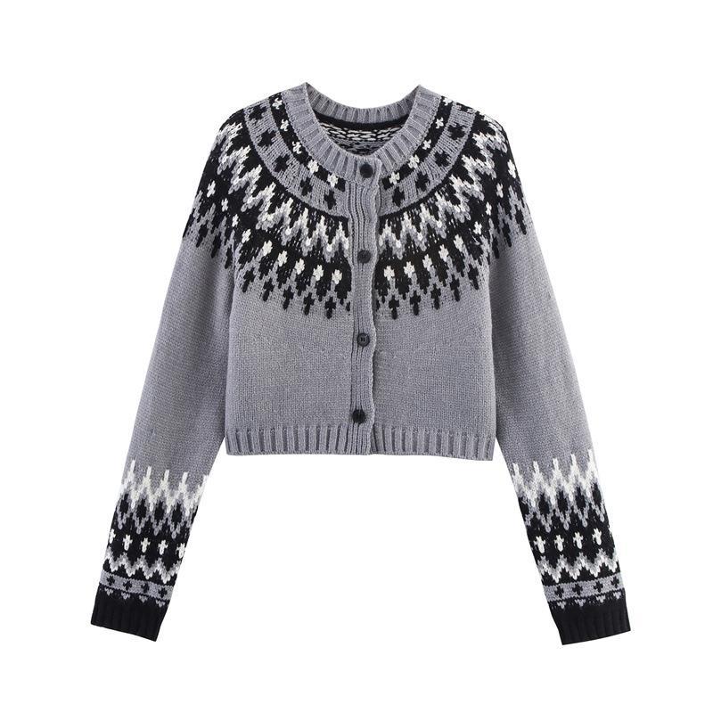 Damen gestrickte Winterjacke mit traditionellem Muster und Knöpfen Drune