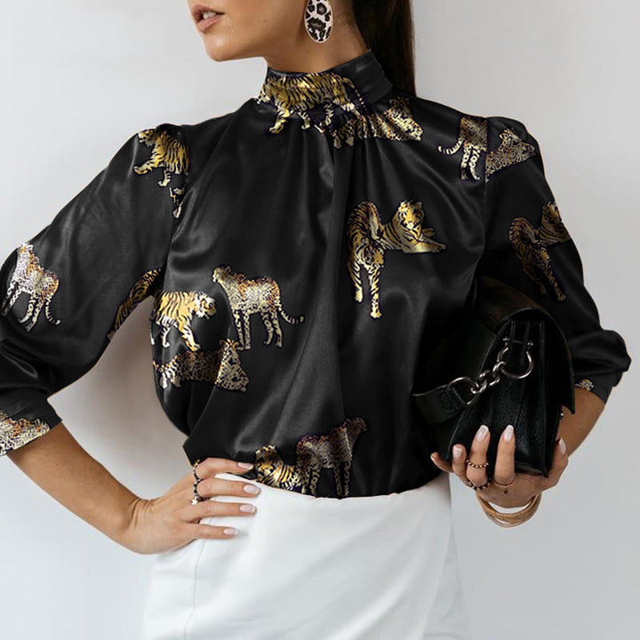 Damen Langarmbluse mit tierischem Print und Stehkragen Drune