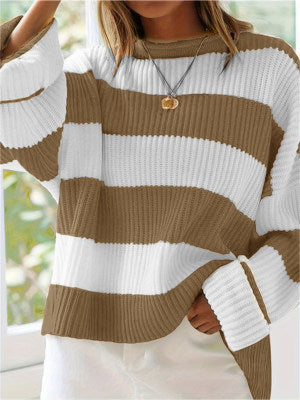 Damen lässiger Strickpullover mit breiten Streifen und lockerer Passform Drune