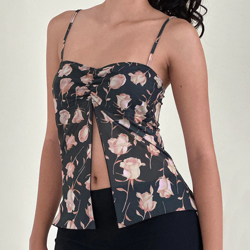 Damen Cami-Top mit floralem Design und nostalgischem Knotenverschluss Drune
