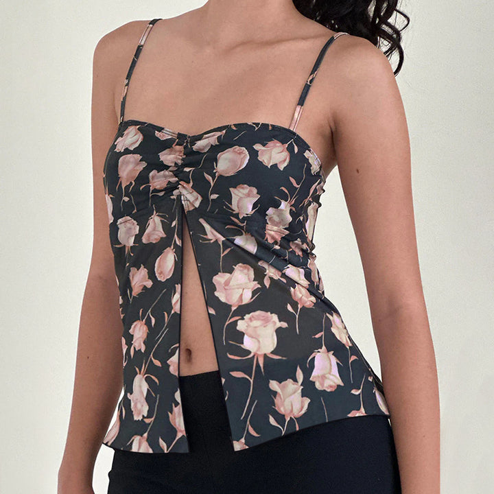 Damen Cami-Top mit floralem Design und nostalgischem Knotenverschluss Drune