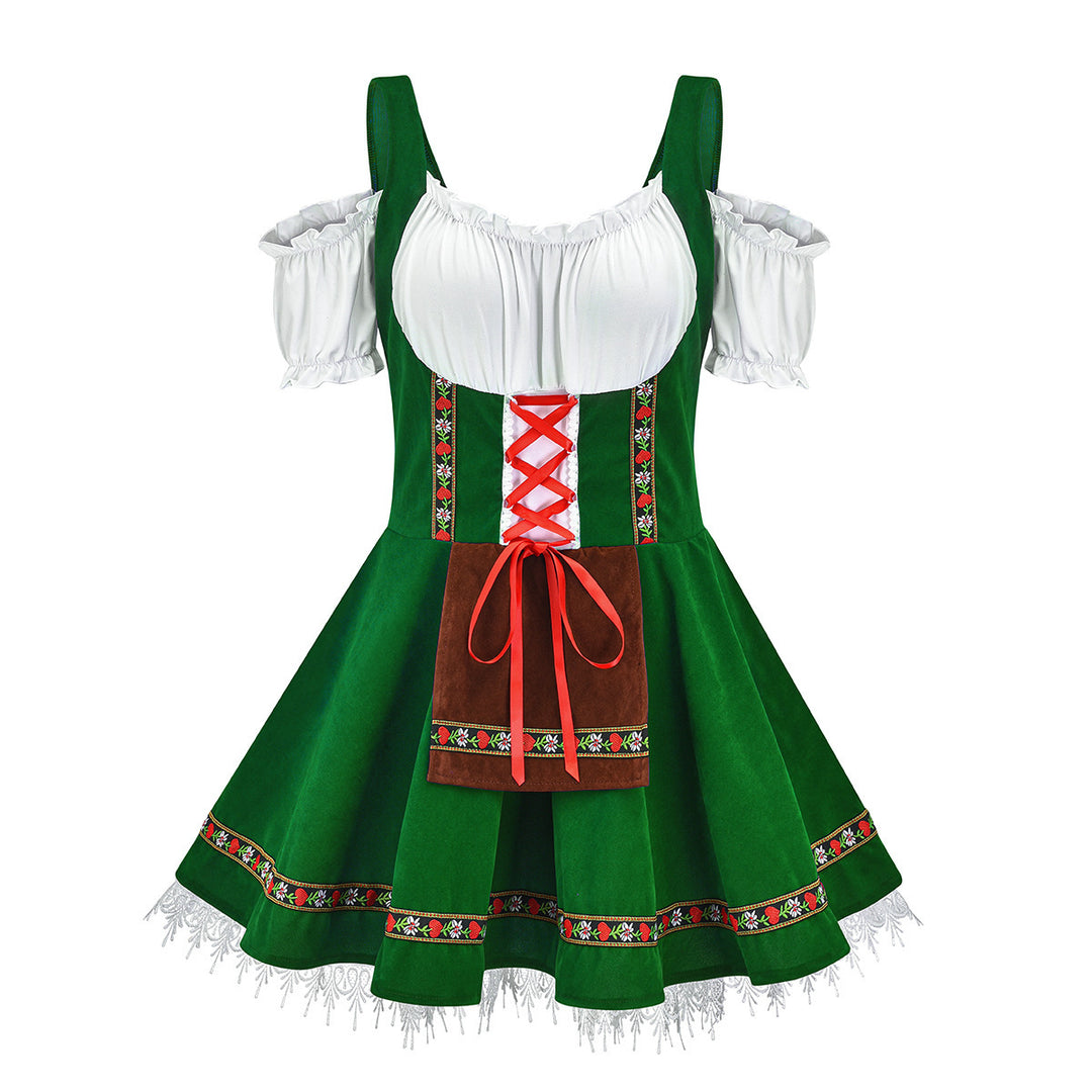 Damen nan kurzes Trachtenkleid mit Carmen-Ausschnitt, geschnürtem Mieder und bestickter Schürze Drune
