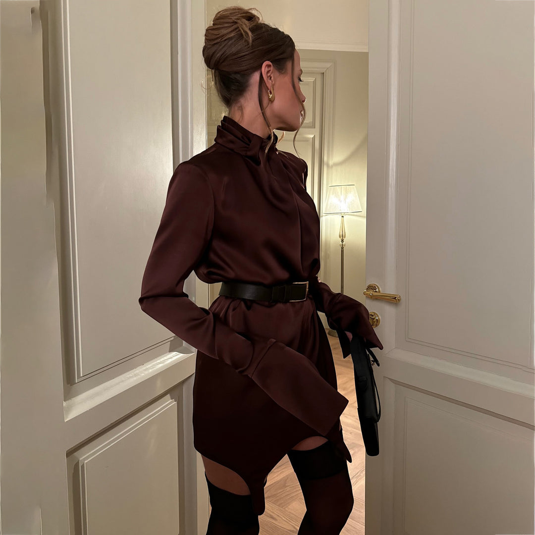Damen Elegantes Satin-Minikleid mit hochgeschlossenem Kragen und Raffungsdetails Drune