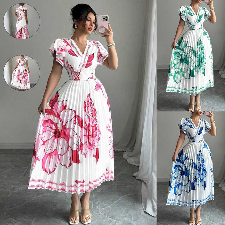 Damen Plissiertes Maxi-Jersey-Kleid mit floralen Akzenten und V-Ausschnitt Drune