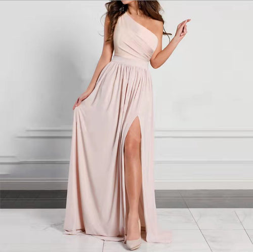 Damen Elegantes One-Shoulder Maxi-Kleid mit hohem Schlitz und fließendem Schnitt Drune