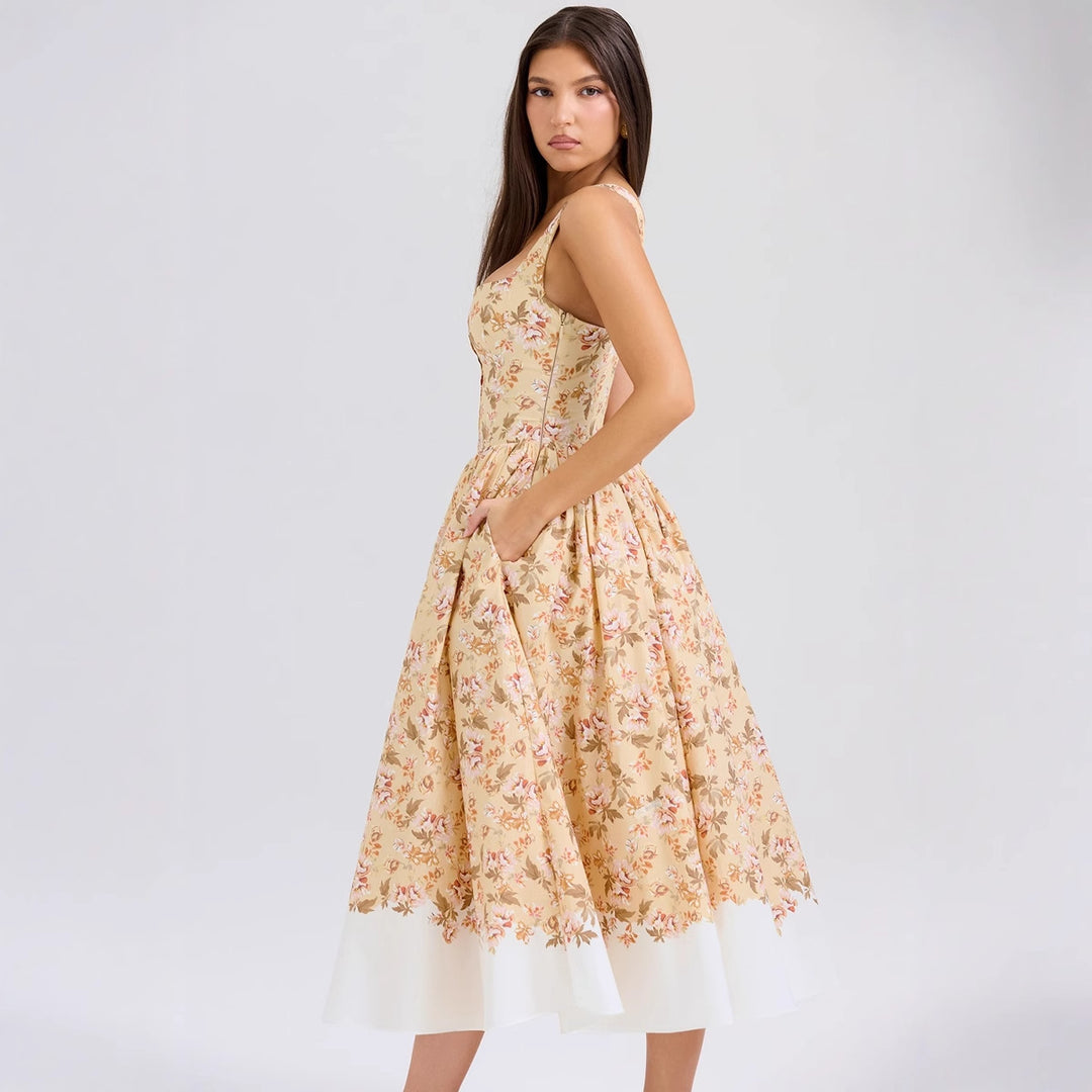 Damen Midi-Kleid mit elegantem floralem Muster und schmalen Trägern Drune