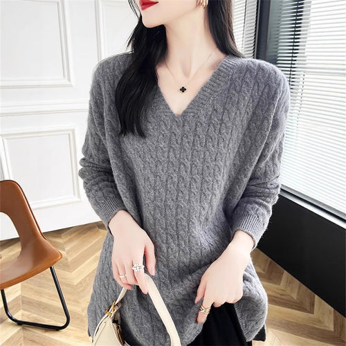 Damen V-Ausschnitt Pullover mit charakteristischem Zopfmuster und lässigem Schnitt Drune