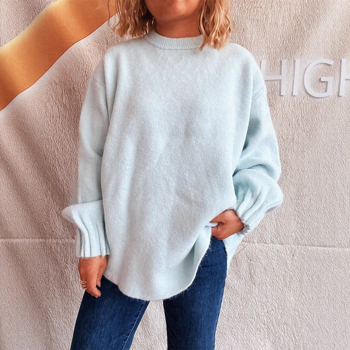 Damen lässiger Strickpullover mit weitem Rundhalsausschnitt und fluffiger Textur Drune