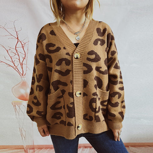 Damen grob gestrickte Cardigan mit tierischem Leopardenmuster und Knopfdetails Drune